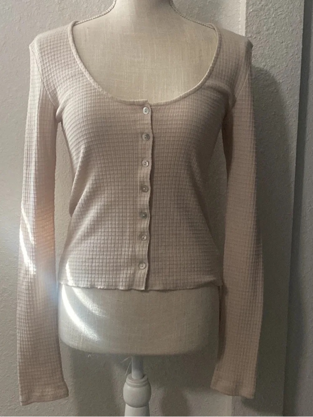 Waffle Knit Scoop Neck Long-Sleeve Cardigan - Cream